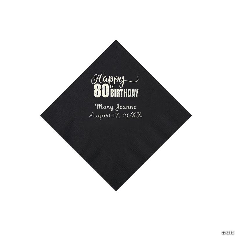 5" Bulk 50 Ct. Personalized 80th Birthday Black Beverage Napkins with Silver Foil Image