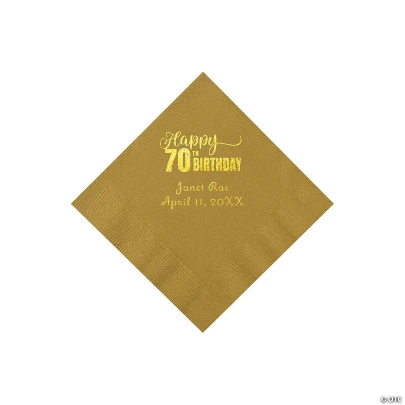 5" Bulk 50 Ct. Personalized 70th Birthday Gold Beverage Napkins with Gold Foil Image