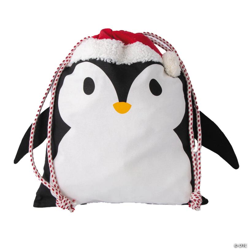 Medium Penguin in Christmas Hat Canvas Drawstring Bag Image