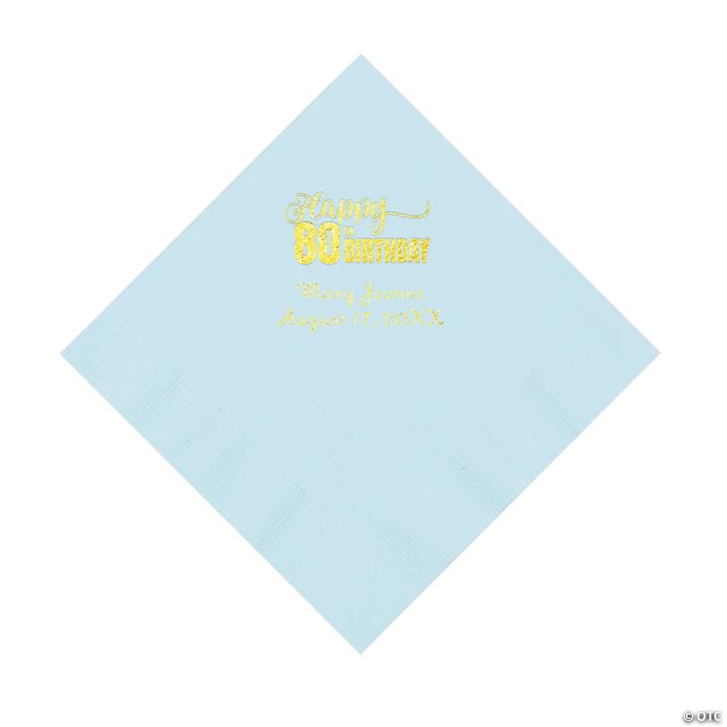 6 1/2" Bulk 50 Ct. Personalized 80th Birthday Light Blue Luncheon Napkins with Gold Foil Image