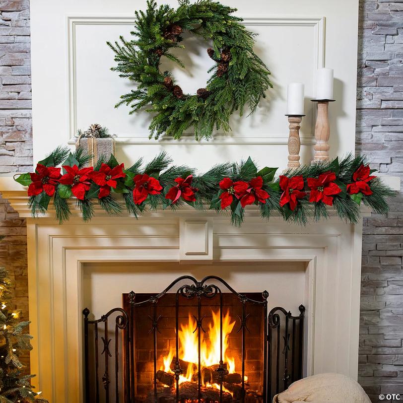 Poinsettia Christmas Flower Red Polyester Garland - 5 ft Image