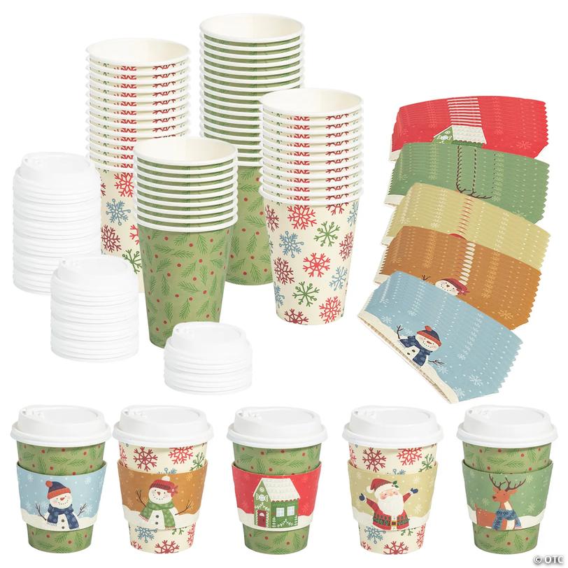 Bulk Fireside Folk Christmas Coffee Cups with Lids &amp; Sleeves &amp;#8211; 12 oz, 50 ct Image