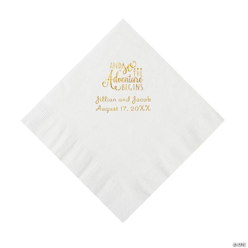 6 1/2" Bulk 50 Ct. Personalized The Adventure Begins White Luncheon Napkins with Gold Foil Image