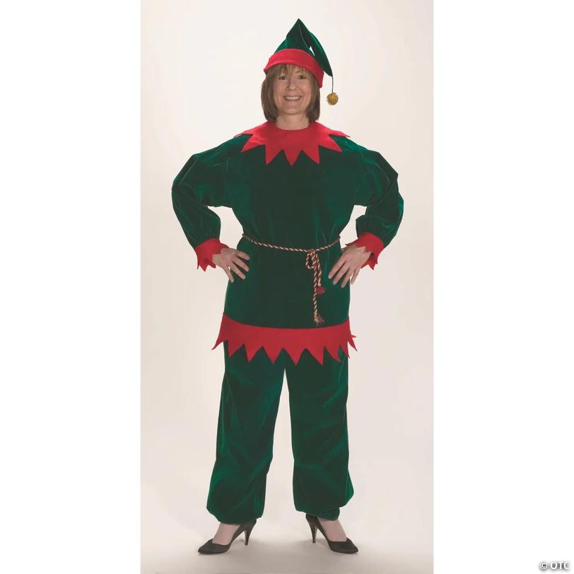 Adults Red &amp; Green Velvet Elf Suit Costume - Large/Extra Large 14-18 Image