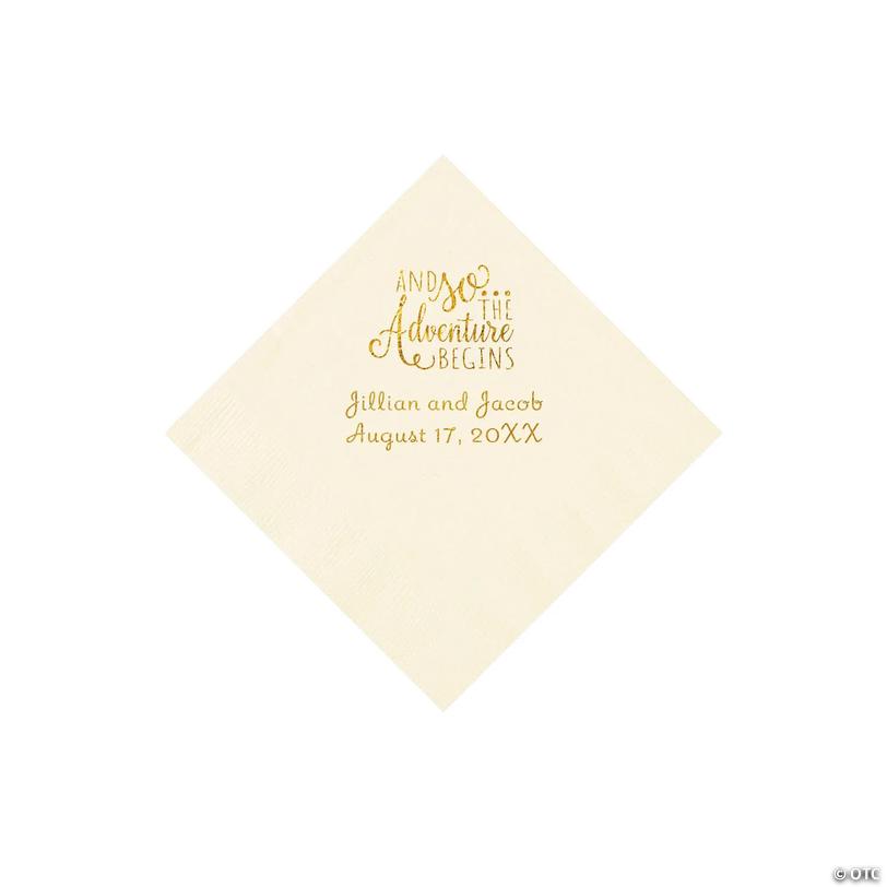 5" Bulk 50 Ct. Personalized The Adventure Begins Ivory Beverage Napkins with Gold Foil Image