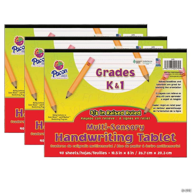 Pacon Multi-Sensory Raised Ruled Tablet, Tape Bound, 5/8" x 5/16" x 5/16" Ruled Long, 10-1/2" x 8", 40 Sheets, Pack of 3 Image