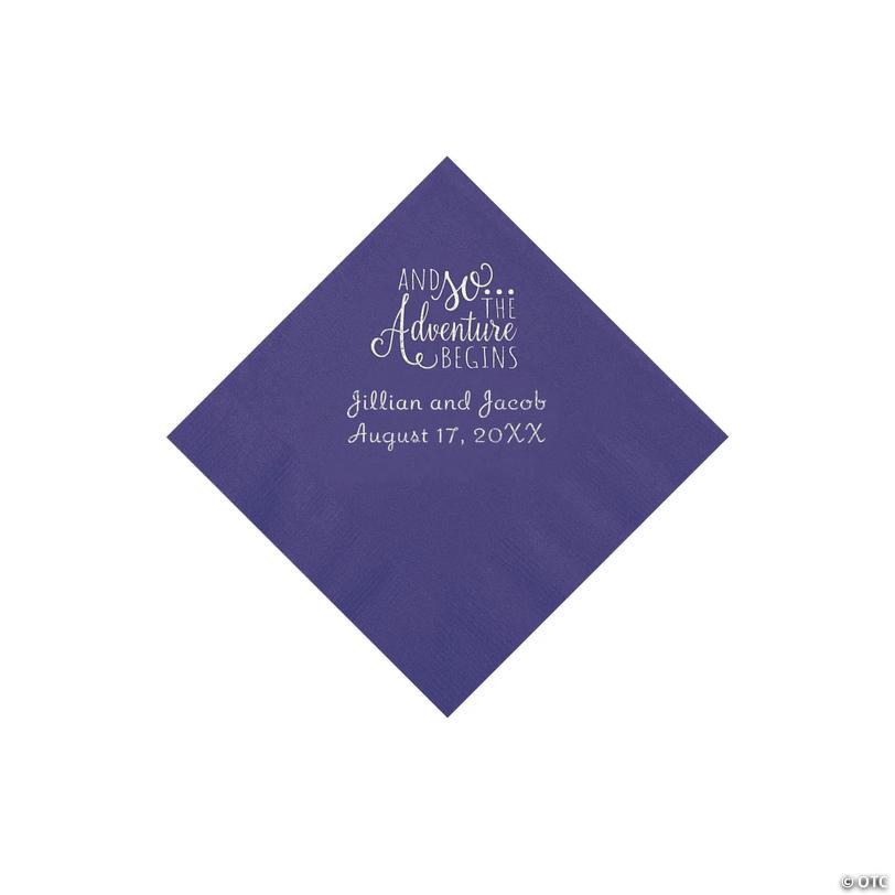 5" Bulk 50 Ct. Personalized The Adventure Begins Purple Beverage Napkins with Silver Foil Image