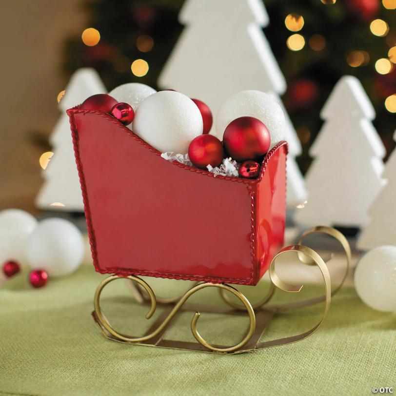 8" x 4" Red &amp; Gold Santa's Sleigh Metal Tabletop Centerpiece Image
