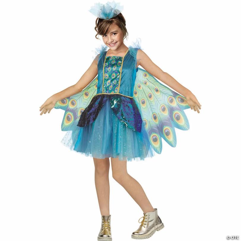 Kids Peacock Dress Costume with Wings - Large 12-14 Image