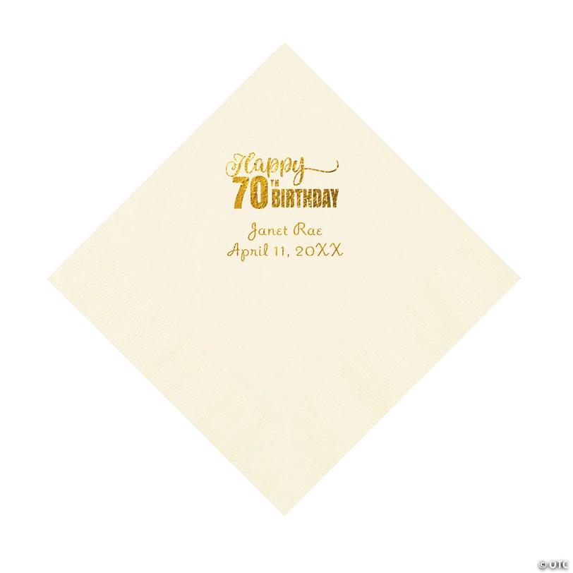 6 1/2" Bulk 50 Ct. Personalized 70th Birthday Ivory Luncheon Napkins with Gold Foil Image