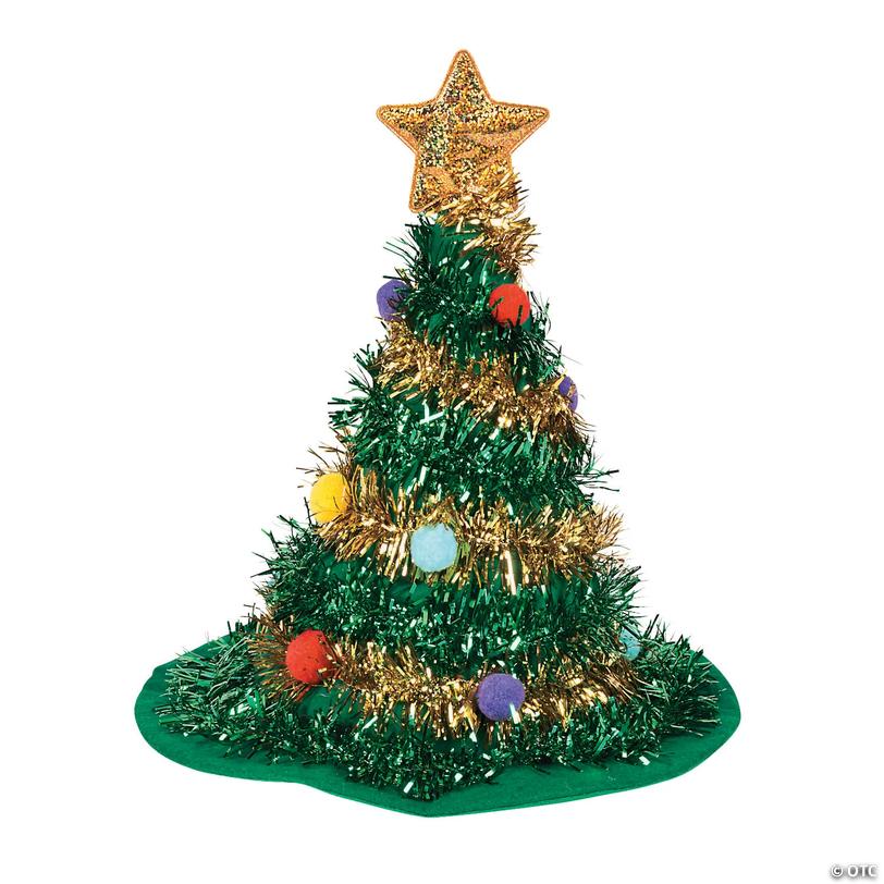 Tinsel Christmas Tree-Shaped Green &amp; Gold Felt Hat Image
