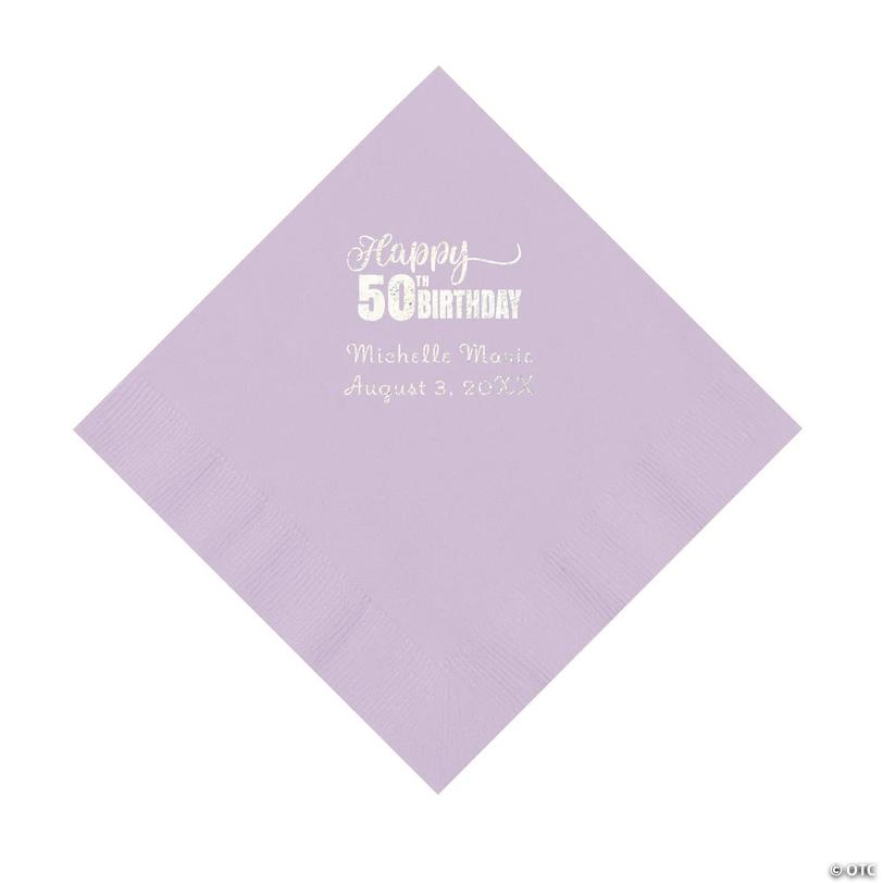 6 1/2" Bulk 50 Ct. Personalized 50th Birthday Lilac Luncheon Napkins with Silver Foil Image