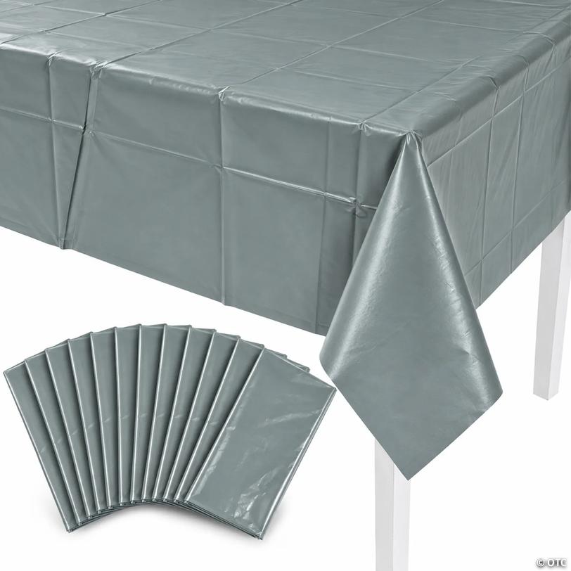 Bulk Silver Rectangle Disposable Plastic Tablecloths - 54" x 108", 12 pc Image