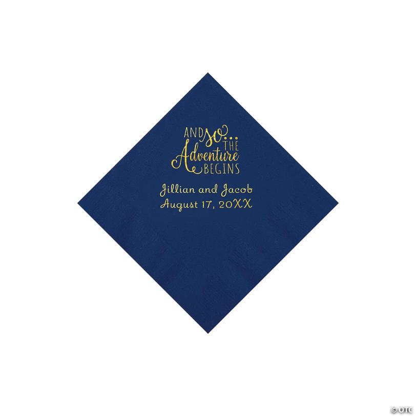 5" Bulk 50 Ct. Personalized The Adventure Begins Navy Blue Beverage Napkins with Gold Foil Image