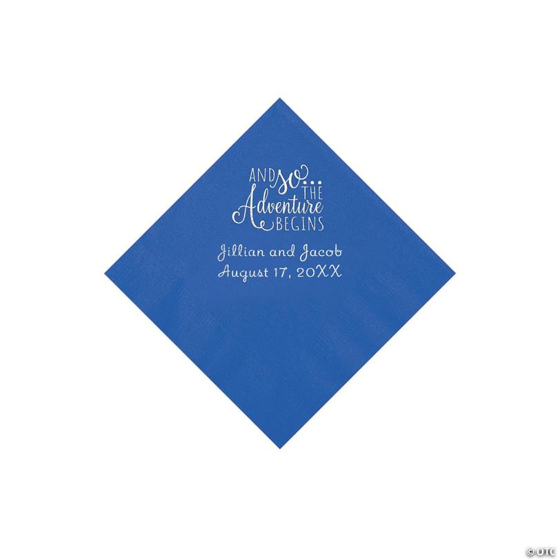 5" Bulk 50 Ct. Personalized The Adventure Begins Cobalt Blue Beverage Napkins with Silver Foil Image