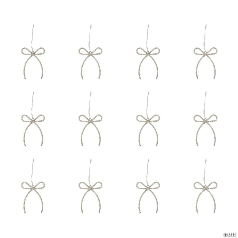 Silver Beaded Ribbon Bow Metal Ornaments - 12 pc Image