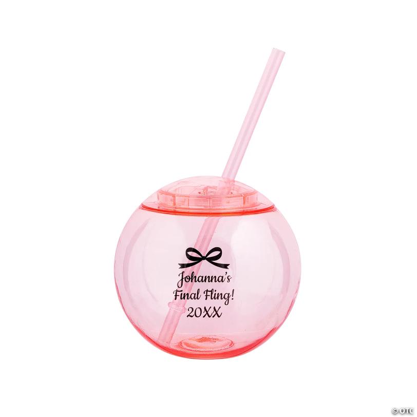 15 oz. Personalized Bridal Party Pink Round Reusable Plastic Cups with Lids &amp; Straws - 25 Ct. Image