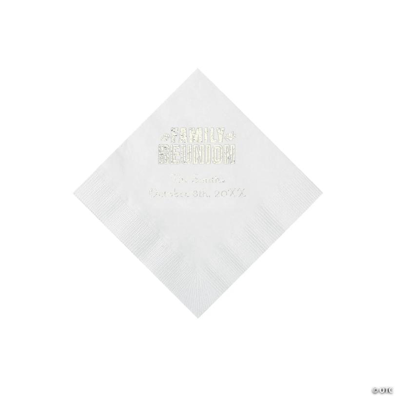 5" Bulk 50 Ct. Personalized Family Reunion White Beverage Napkins with Silver Foil Image