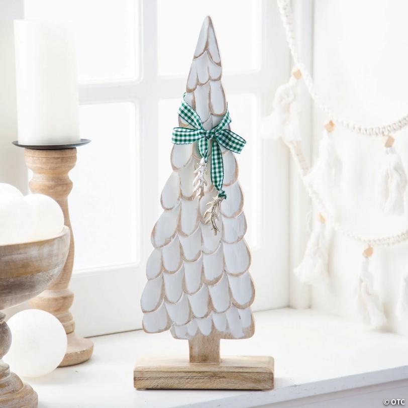 White Wooden Christmas Tree with Mistletoe Tabletop Centerpiece Image