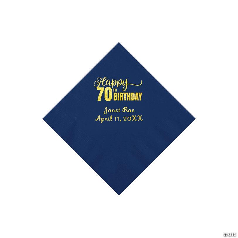 5" Bulk 50 Ct. Personalized 70th Birthday Navy Blue Beverage Napkins with Gold Foil Image
