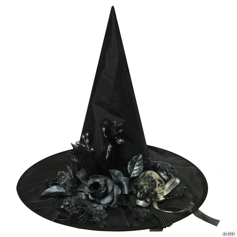 Adults Black Witch Hat with Skull &amp; Flowers Image