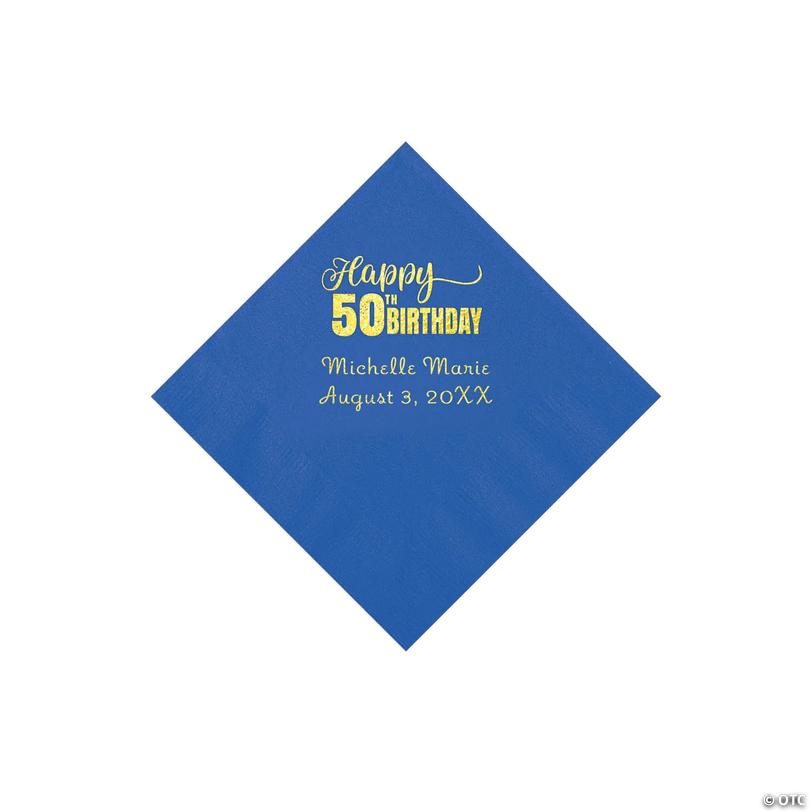 5" Bulk 50 Ct. Personalized 50th Birthday Cobalt Blue Beverage Napkins with Gold Foil Image