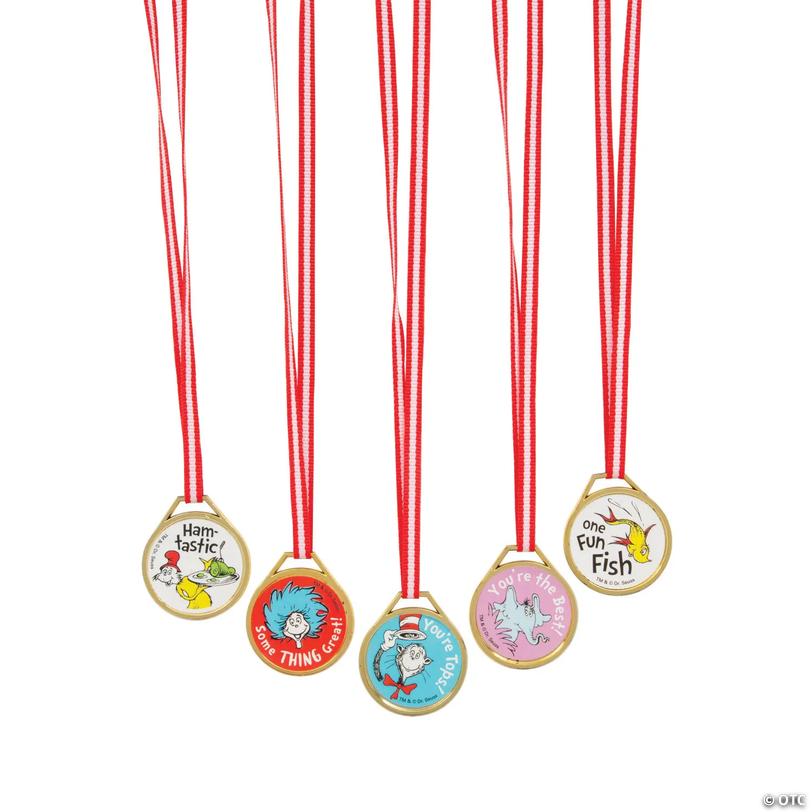1 1/4" Bulk 50 pc. Dr. Seuss&amp;#8482; Inspirational Sayings Plastic Award Medals with Ribbon Image