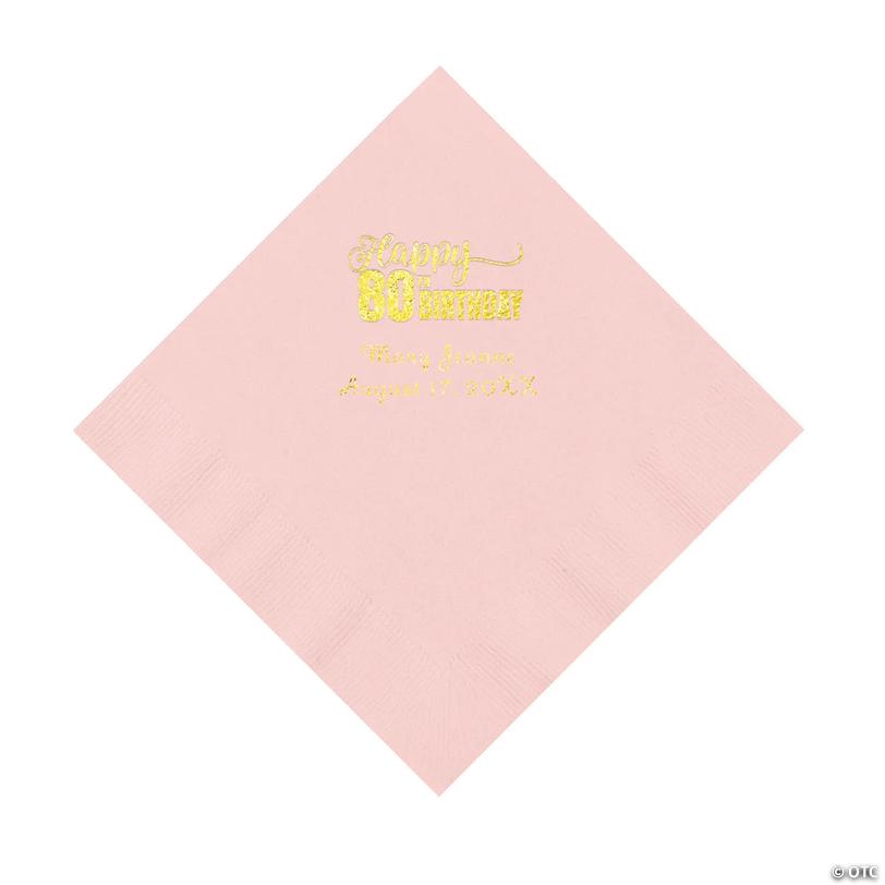 6 1/2" Bulk 50 Ct. Personalized 80th Birthday Pink Luncheon Napkins with Gold Foil Image