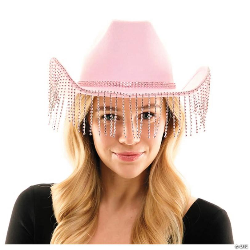 Adults Pink Cowboy Hat with Rhinestone Fringe Image