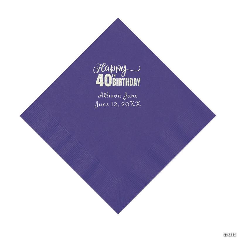 6 1/2" Bulk 50 Ct. Personalized 40th Birthday Purple Luncheon Napkins with Silver Foil Image