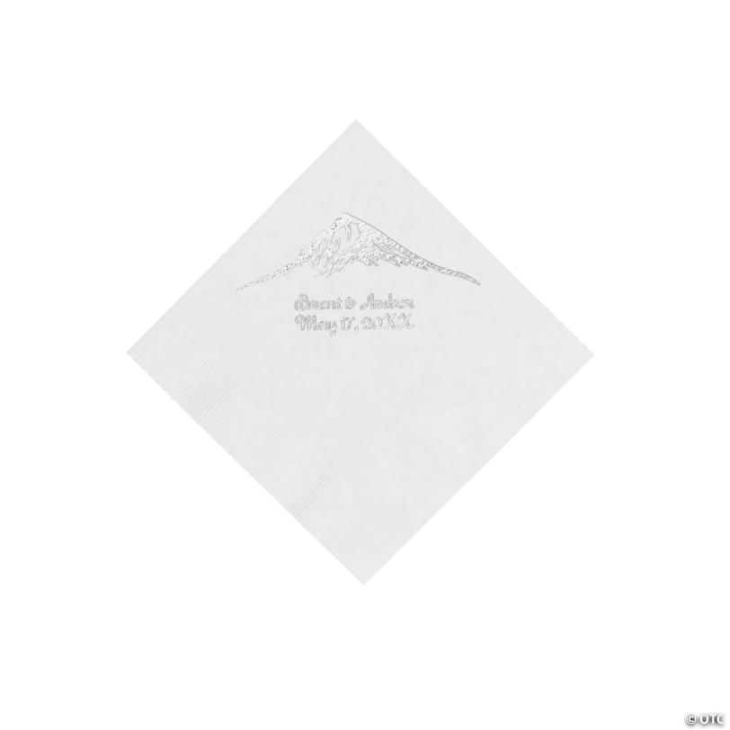 5" Bulk 50 Ct. Personalized White Mountain Beverage Napkins with Silver Foil Image