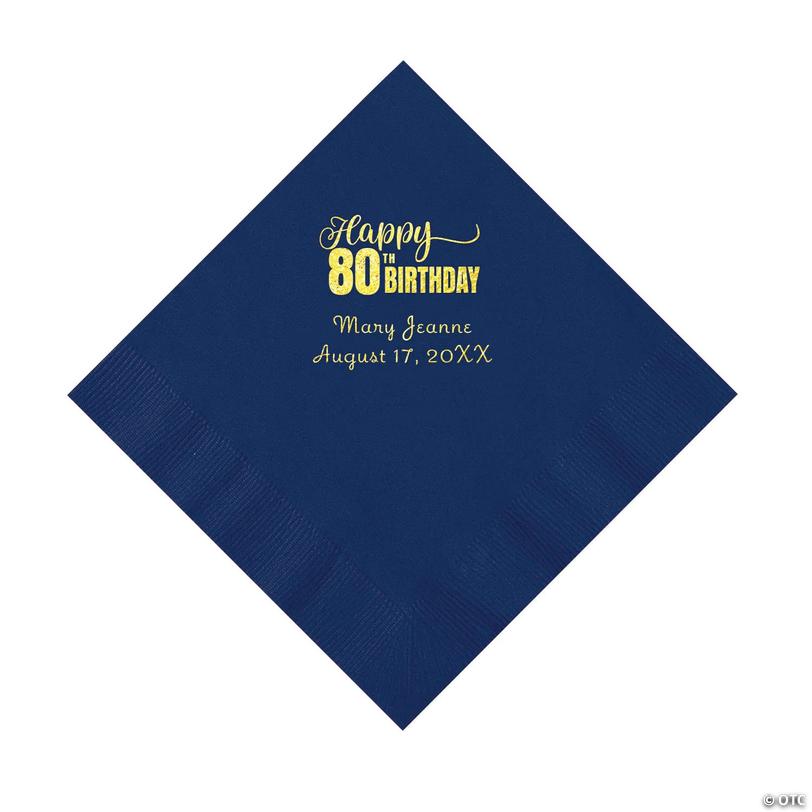 6 1/2" Bulk 50 Ct. Personalized 80th Birthday Navy Blue Luncheon Napkins with Gold Foil Image