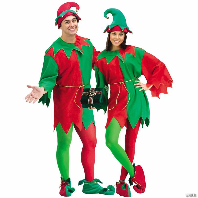 Adults Red, Green &amp; Gold Elegant Elf Costume - One Size Image