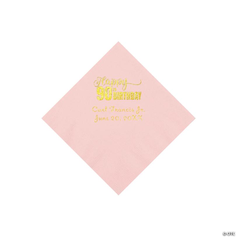 5" Bulk 50 Ct. Personalized 90th Birthday Pink Beverage Napkins with Gold Foil Image
