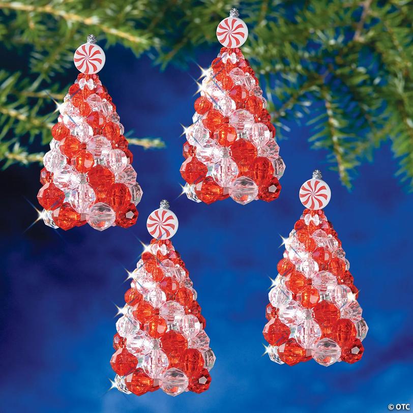 Red &amp; White Beaded Peppermint Swirl Tree Ornament Craft Kit - Makes 4 Image
