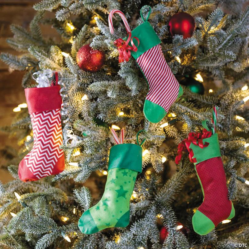 Red &amp; Green Patterned Polyester Christmas Stockings - 4 pc Image