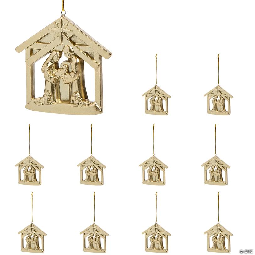 Goldtone Nativity Manger Christmas Ornaments &amp;#8211; 10 pc Image