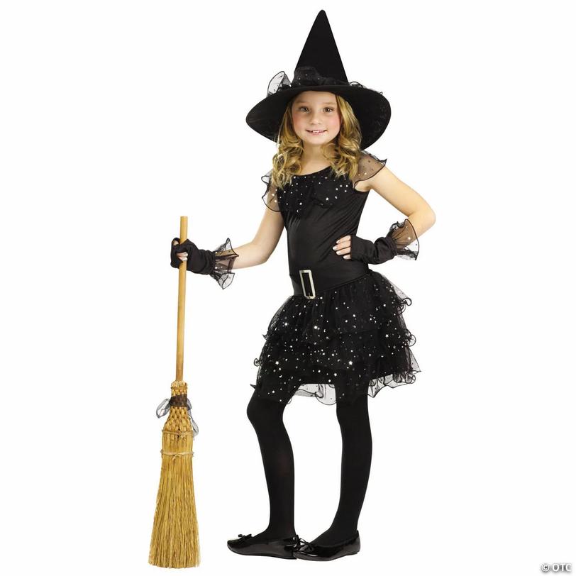 Girl&amp;#8217;s Black &amp; Silver Glitter Witch Costume - Medium 8-10 Image