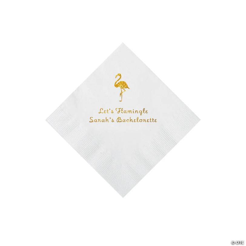 5" Bulk 50 Ct. Personalized Flamingo White Beverage Napkins with Gold Foil Image