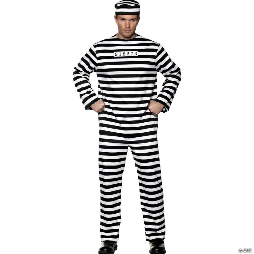 Adults Black &amp; White Stripe Male Convict Jumpsuit Costume - One Size Image