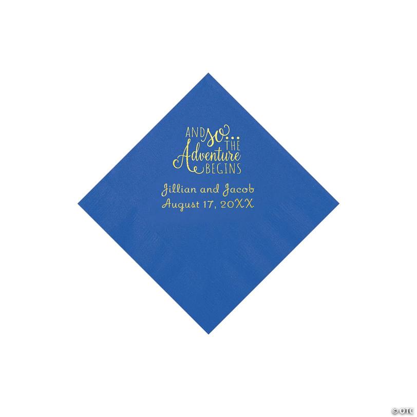 5" Bulk 50 Ct. Personalized The Adventure Begins Cobalt Blue Beverage Napkins with Gold Foil Image