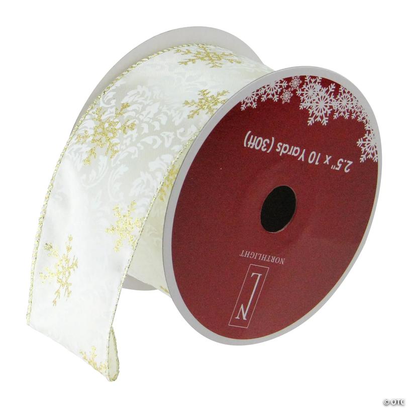 Northlight Pack of 12 White and Sparkling Gold Snowflakes Wired Christmas Craft Ribbon 2.5" x 120 Yards Image