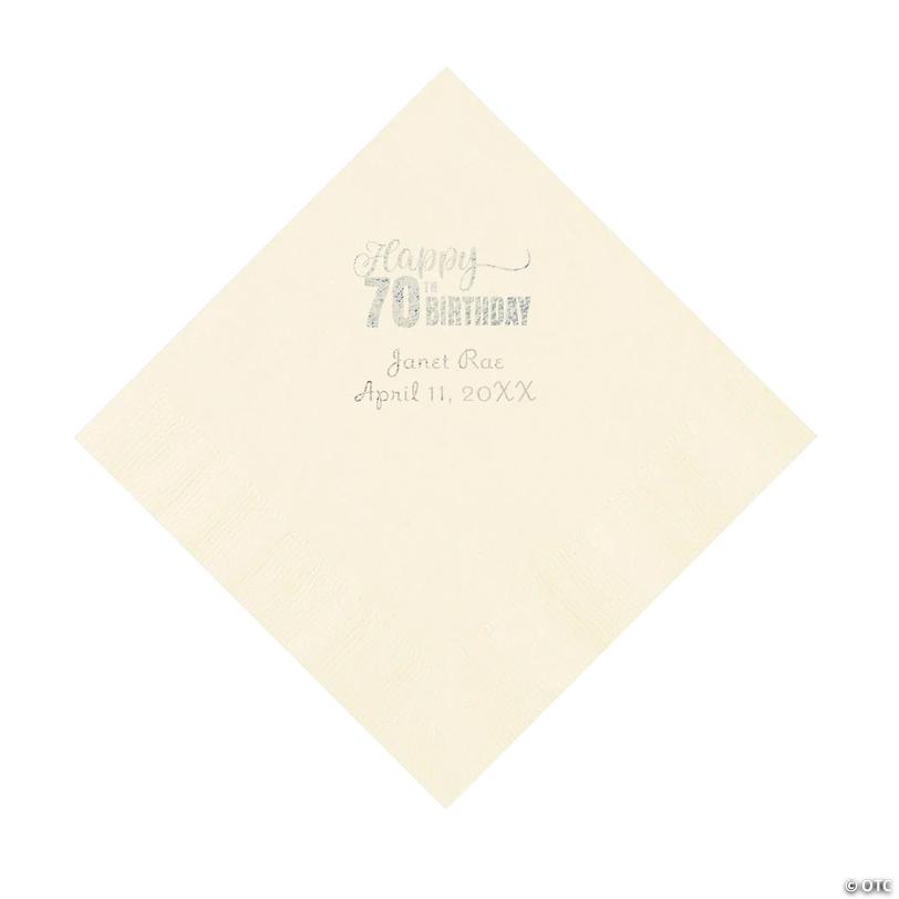 6 1/2" Bulk 50 Ct. Personalized 70th Birthday Ivory Luncheon Napkins with Silver Foil Image