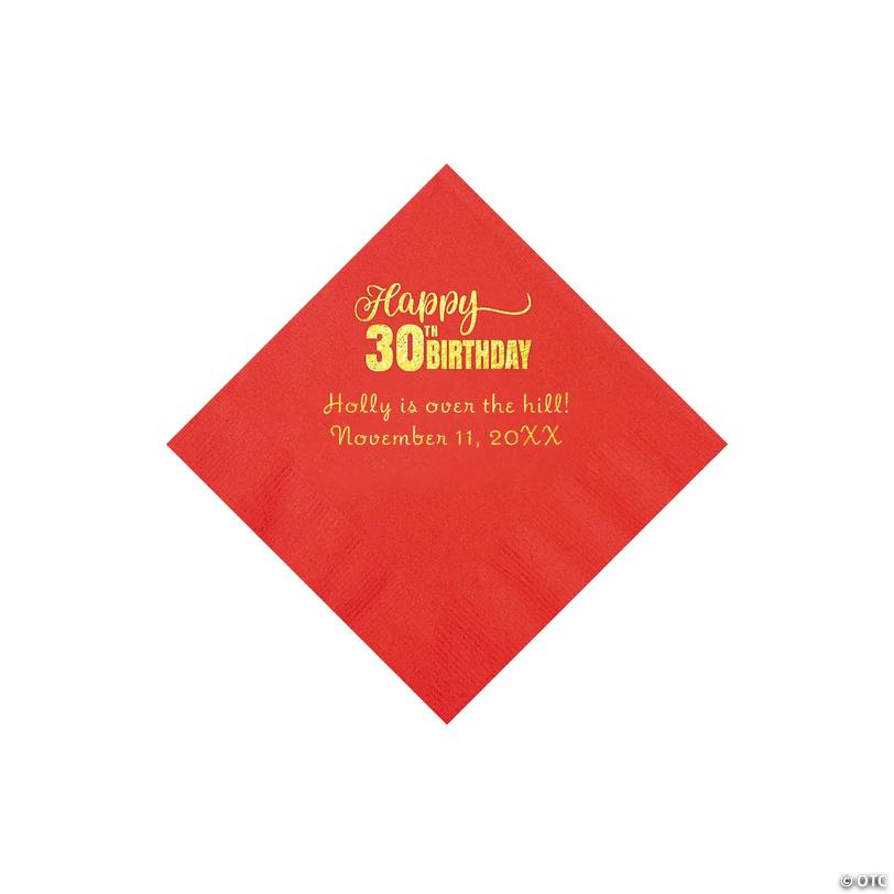 5" Bulk 50 Ct. Personalized Happy 30th Birthday Red Beverage Napkins with Gold Foil Image