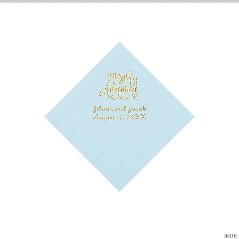 5" Bulk 50 Ct. Personalized The Adventure Begins Light Blue Beverage Napkins with Gold Foil Image