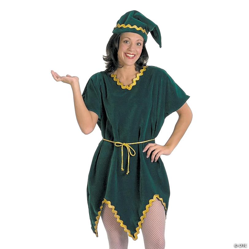 Adults Green Velvet Elf Tunic Costume with Belt - One Size Image