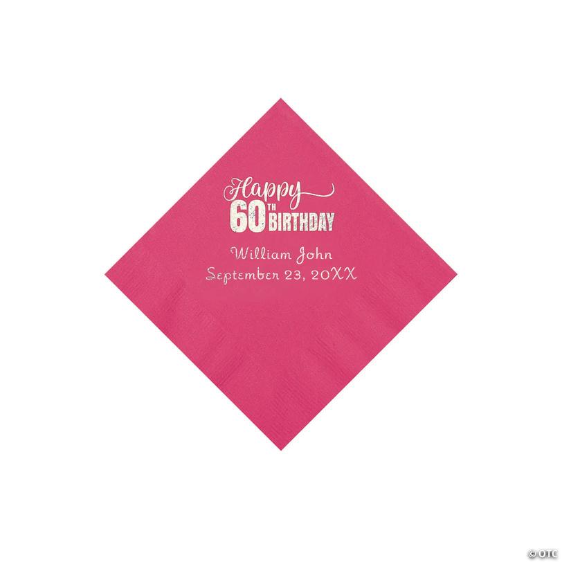 5" Bulk 50 Ct. Personalized 60th Birthday Hot Pink Beverage Napkins with Silver Foil Image