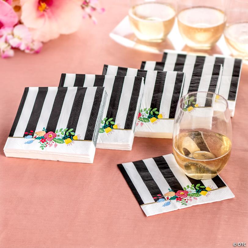 Bulk 96 Pc. Black &amp; White Striped Bridal Shower Beverage Napkins Image