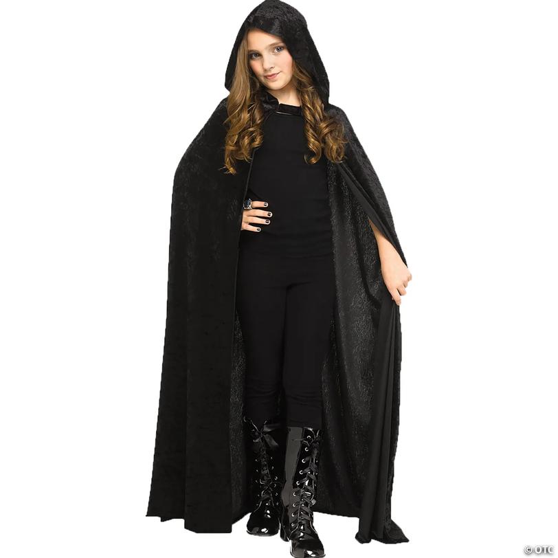 Kids Black Hooded Velour Cape Costume Accessory Image