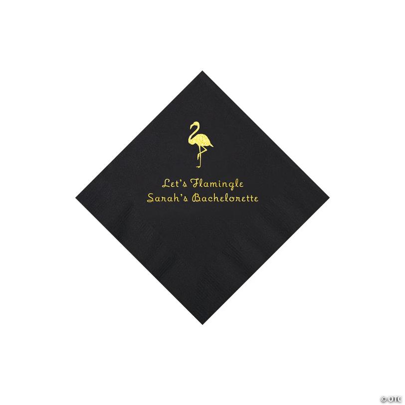 5" Bulk 50 Ct. Personalized Flamingo Black Beverage Napkins with Gold Foil Image